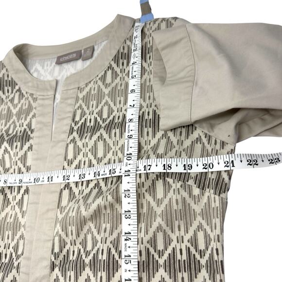 Open Front Jacket Ivory Geometric Chicos L Pockets Boho Chic Coastal Grandmother - Picture 7 of 11